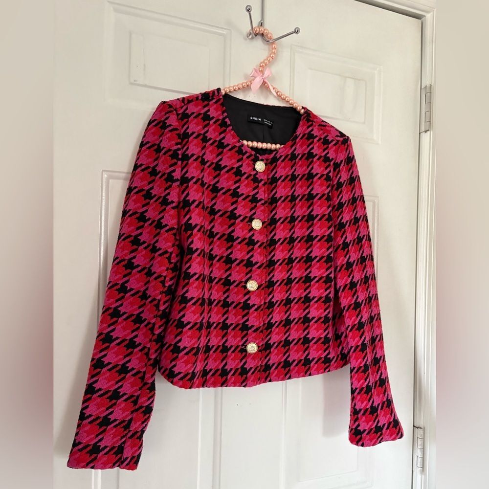 SHEIN Pink Black Houndstooth Blazer Lady Jacket Size S/M - Picture 11 of 16